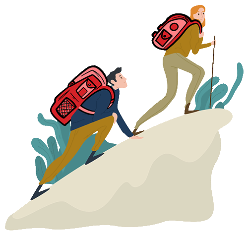 backpackers climbing mountain