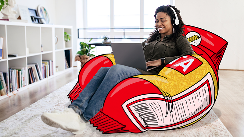 Student relaxing on a bag of pasta