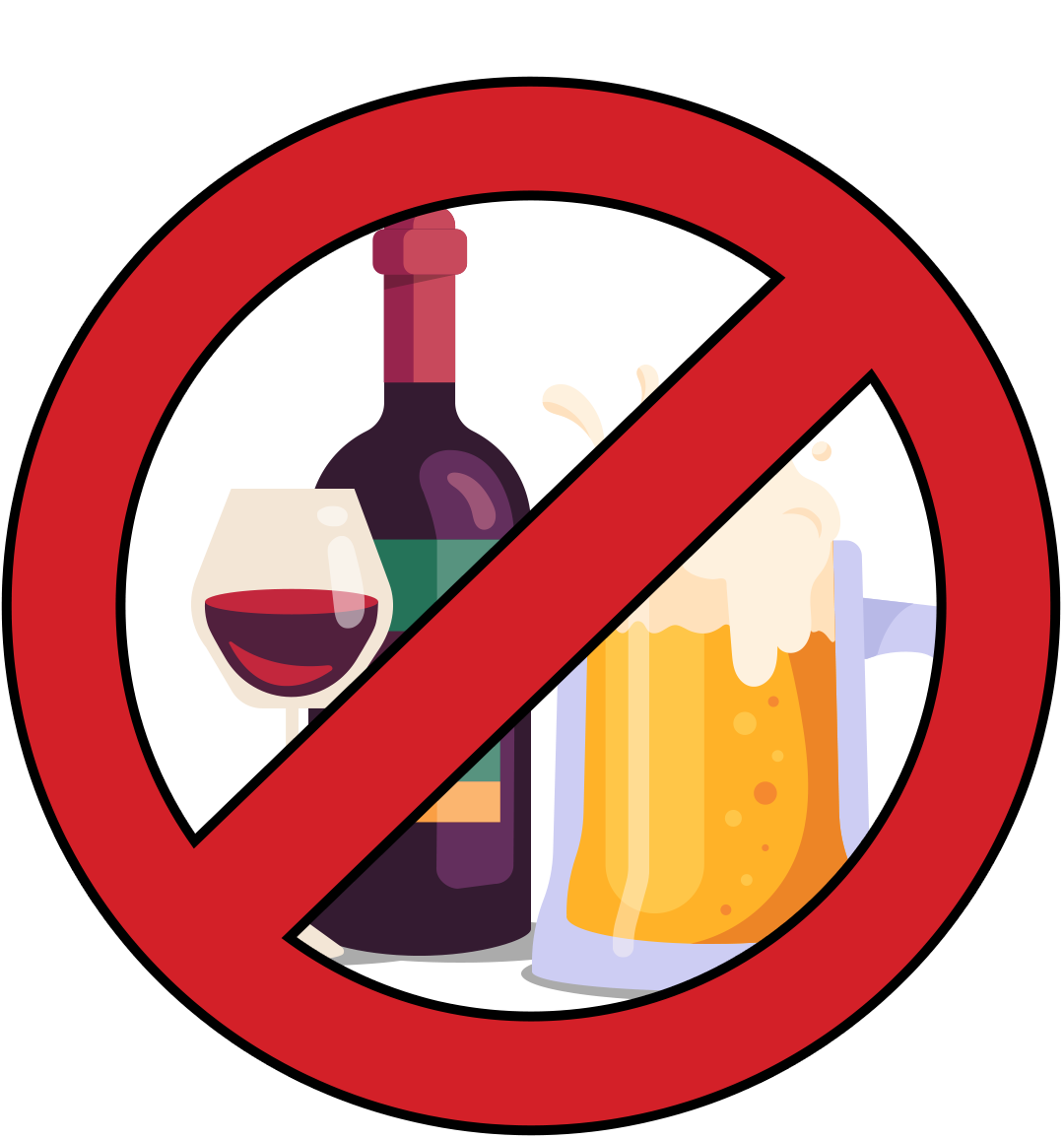 A glass and bottle of wine and a glass of beer with a stop sign in front of them.