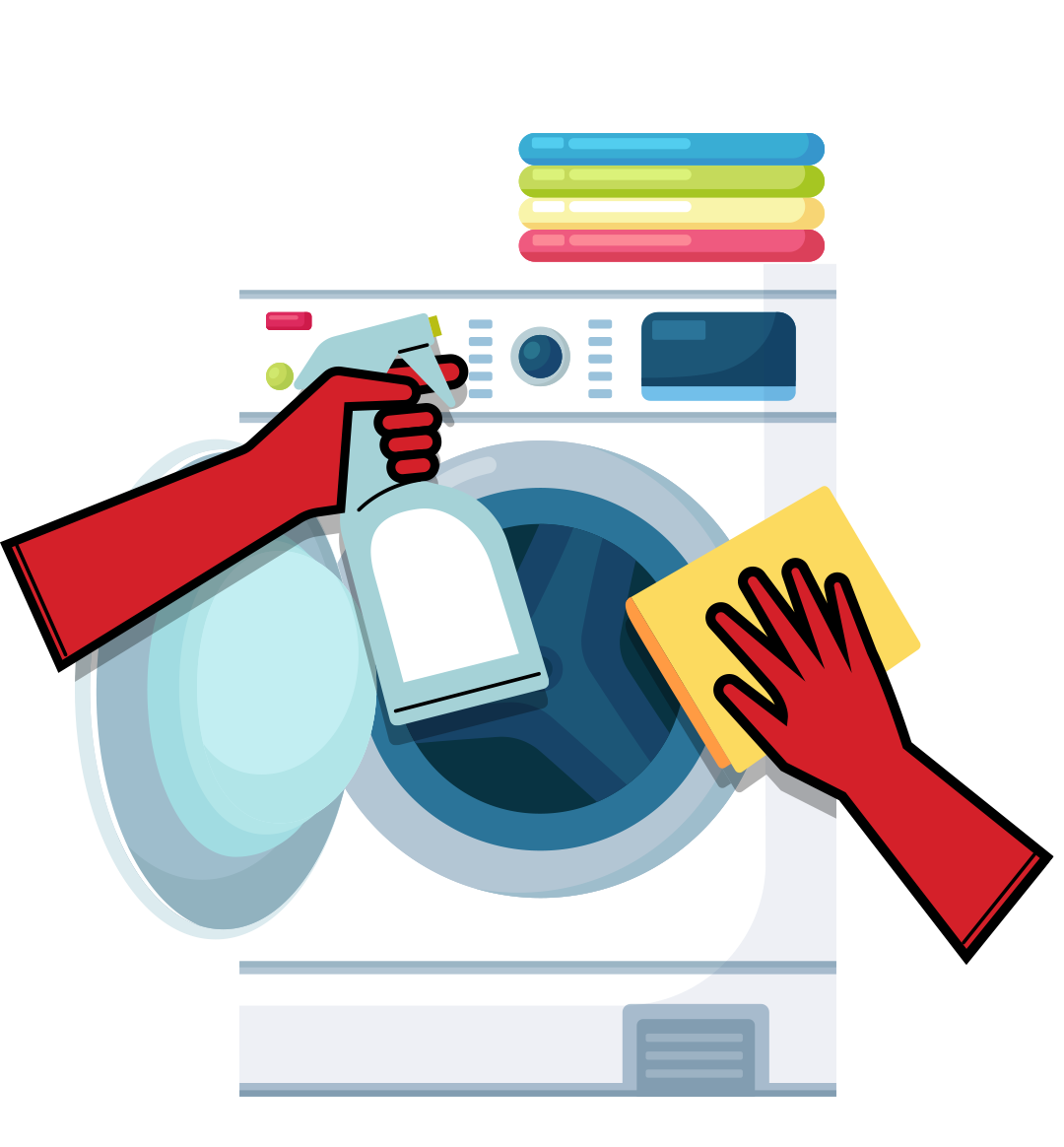 Red rubber gloves cleaning a washing machine