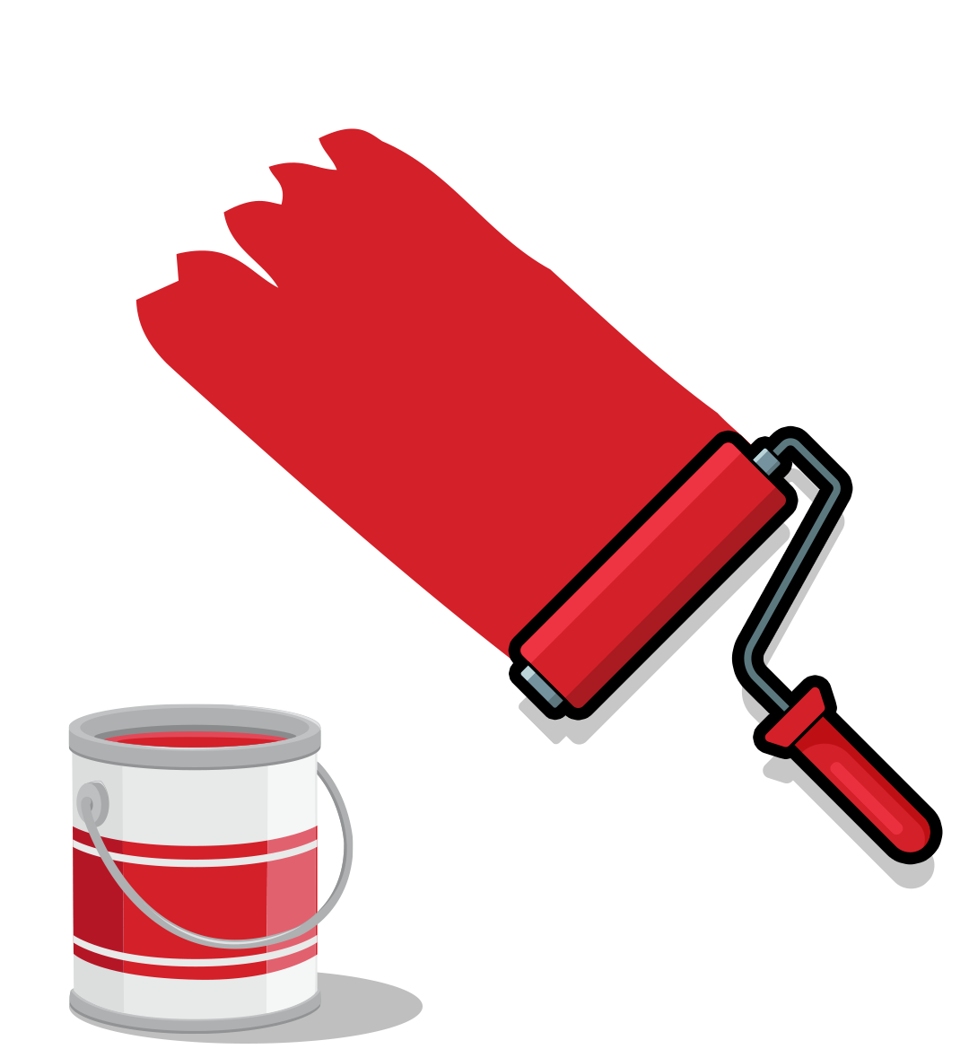 A tin of red paint with a roller