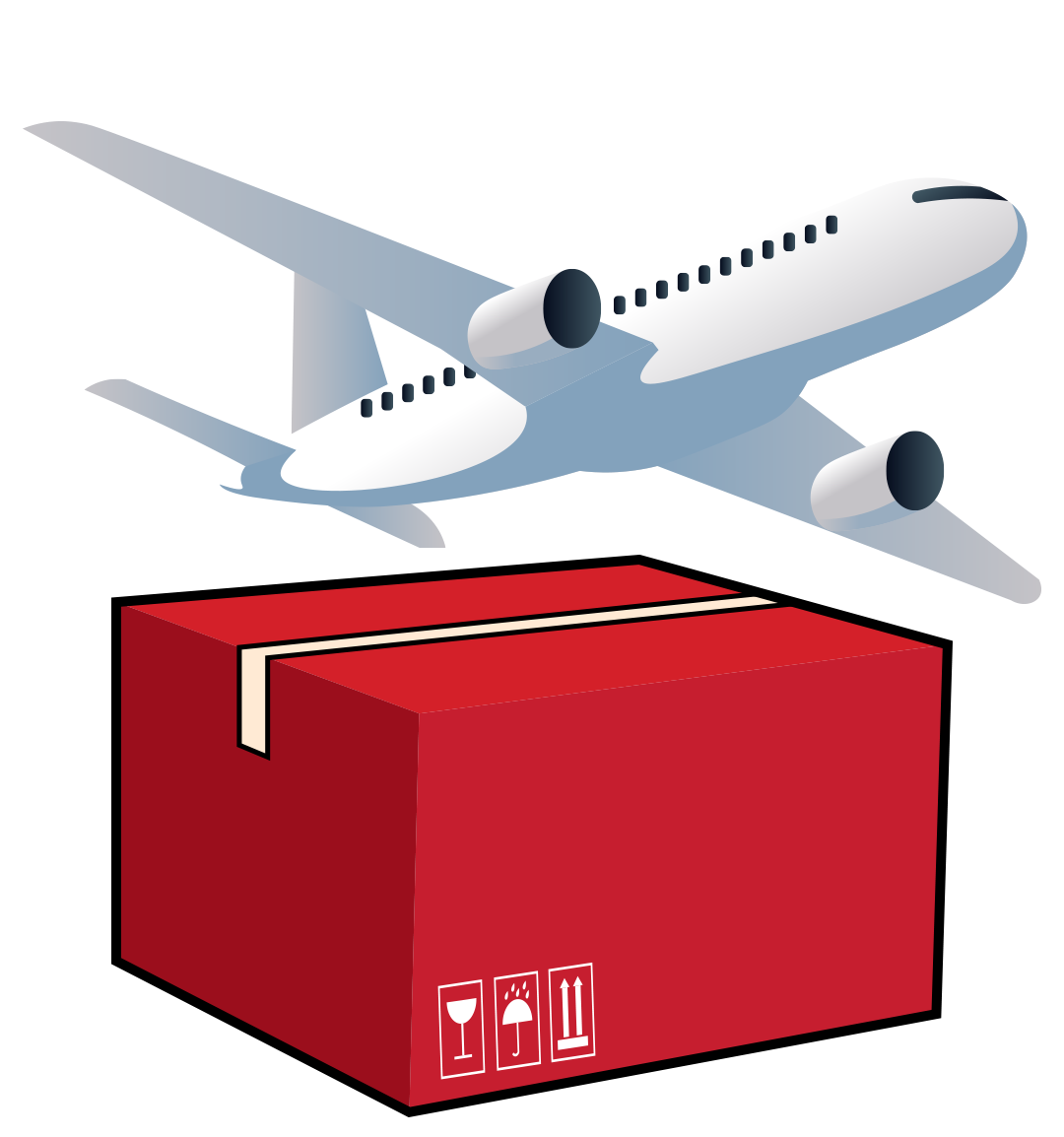 An aeroplane flys over a red delivery box