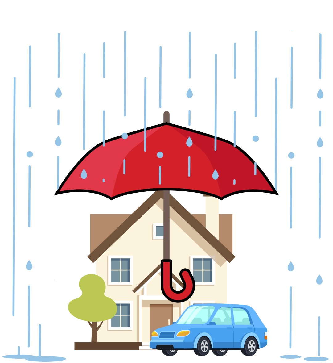 An umbrella protecting a home and car from the rain