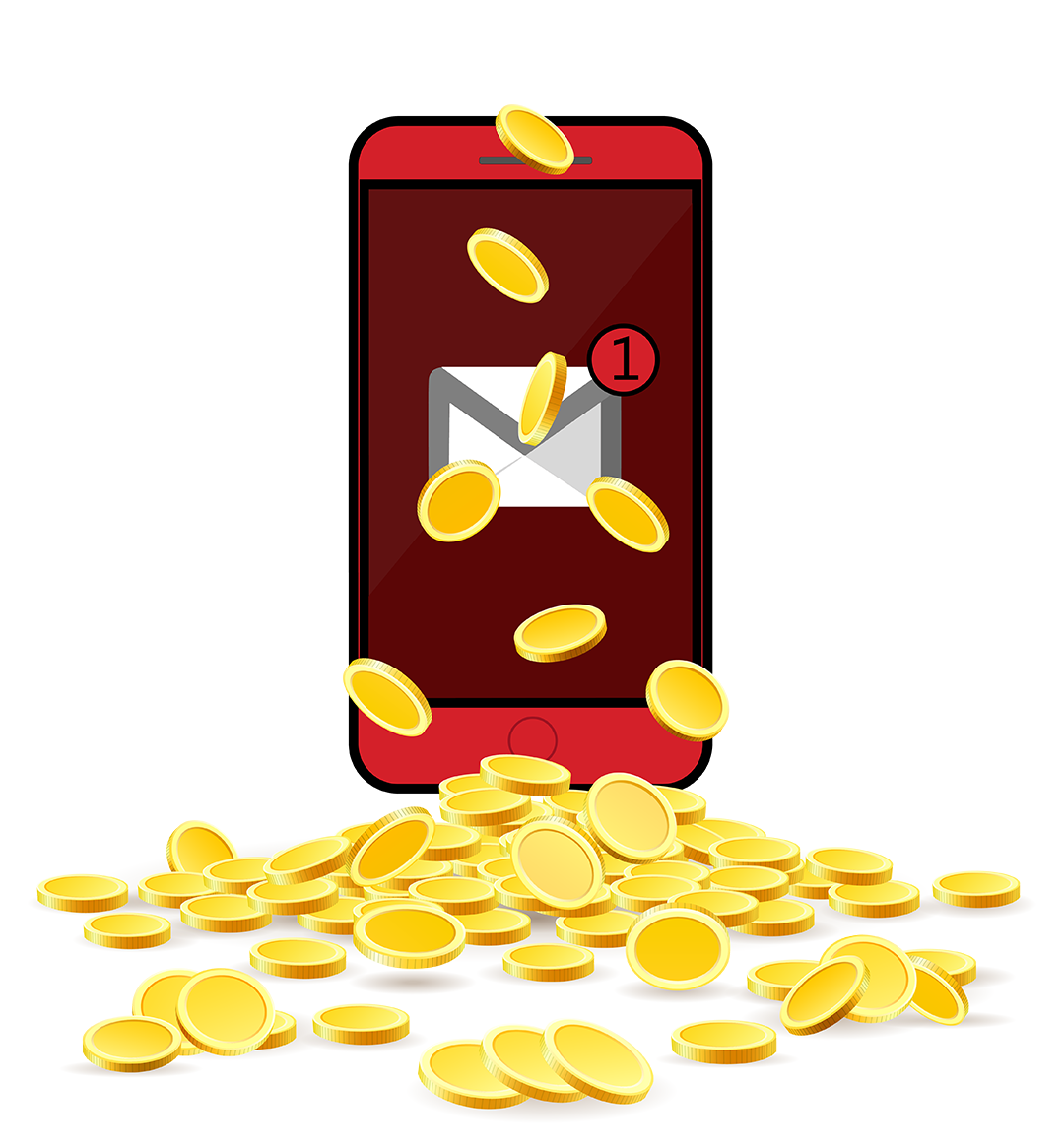 A mobile phone sat in a pile of gold coins