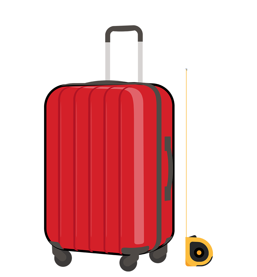 A red suitcase with a tape measure next to it
