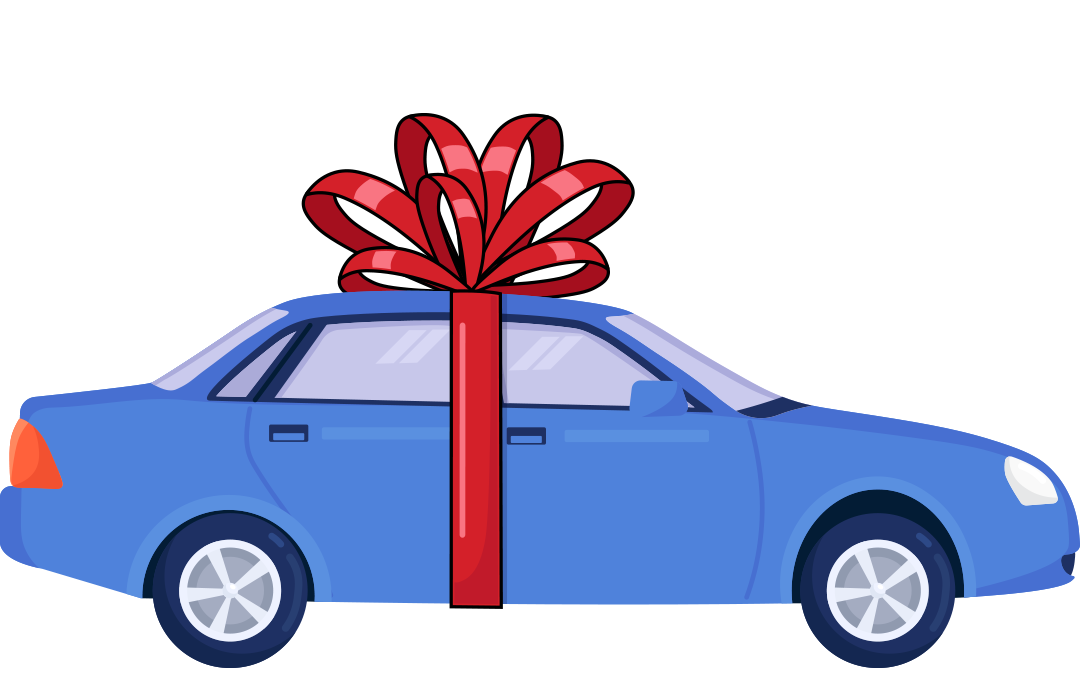 A brand new car with a red bow on top of it