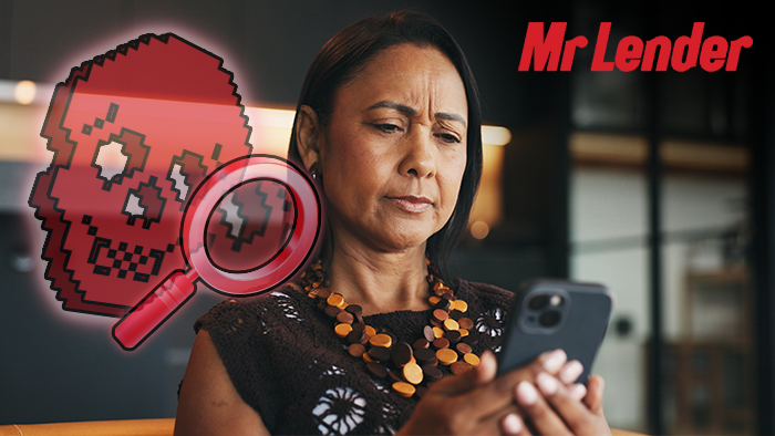 A lady on her mobile phone whilst a digital skull watches her over her sholder